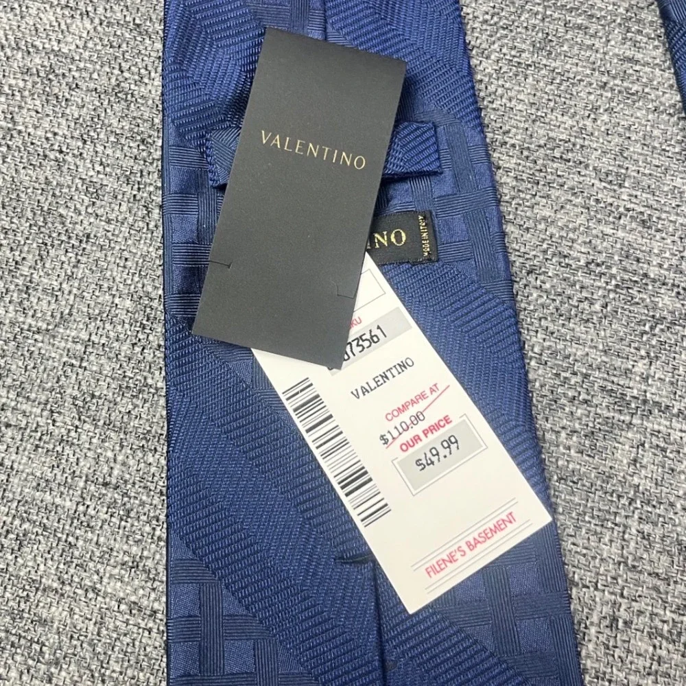 Valentino Blue Silk Geometric Stripe Check Necktie Made in Italy New NWT